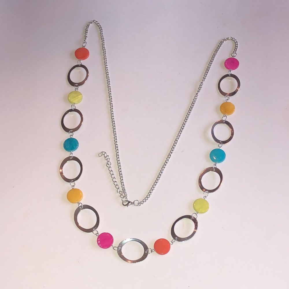 Colorful Multi-Circle Silver Tone Necklace - Pink, Orange, Yellow, Teal